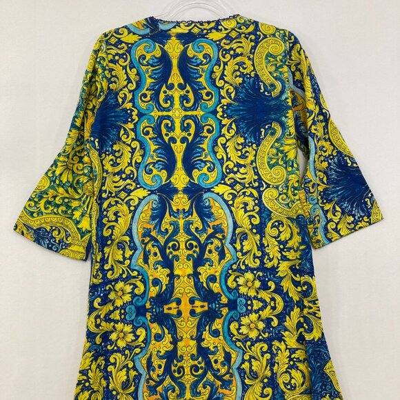 Antica Sartoria Medium Blue Yellow Boho Side Slit Kaftan Dress Vacation Resort - Picture 10 of 12